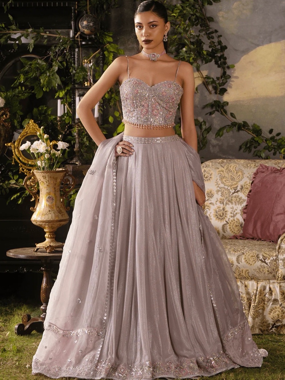 Embellished Dusty Lavender Evening Lehenga Dress